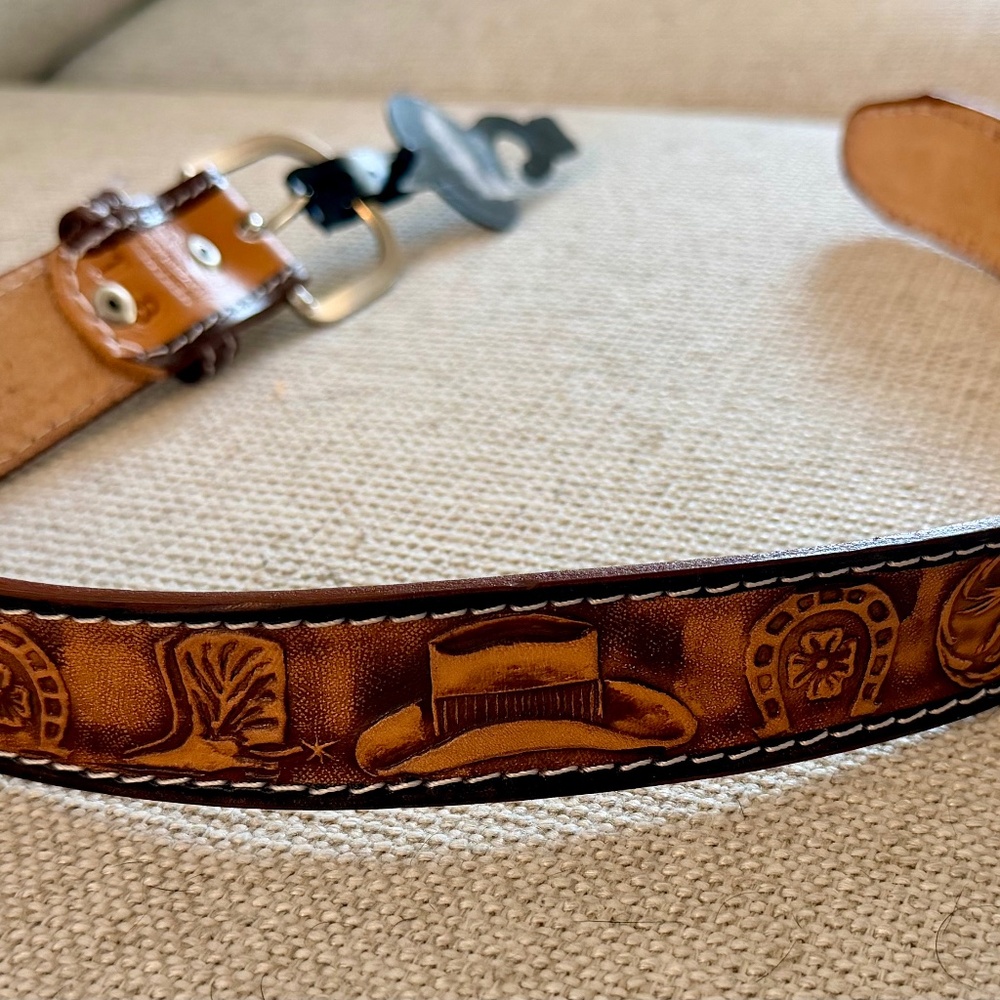 Texas Gold Western Tooled Leather Belt Cowboy Horse Boots Hat Size 18